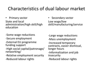 Characteristics of dual labour market
• Primary sector
State and local
administration/high skill/high
education
-Some wage...
