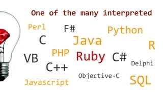 One of the many interpreted 
Perl 
C Java 
PHP C# 
Ruby Delphi 
Objective-C 
C++ 
Python 
VB 
Javascript 
R 
SQL 
F# 
 