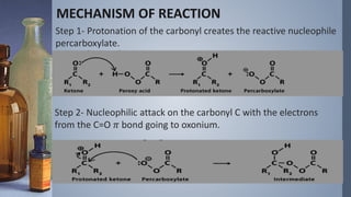 MECHANISM OF REACTION
Step 1- Protonation of the carbonyl creates the reactive nucleophile
percarboxylate.
Step 2- Nucleophilic attack on the carbonyl C with the electrons
from the C=O 𝜋 bond going to oxonium.
 
