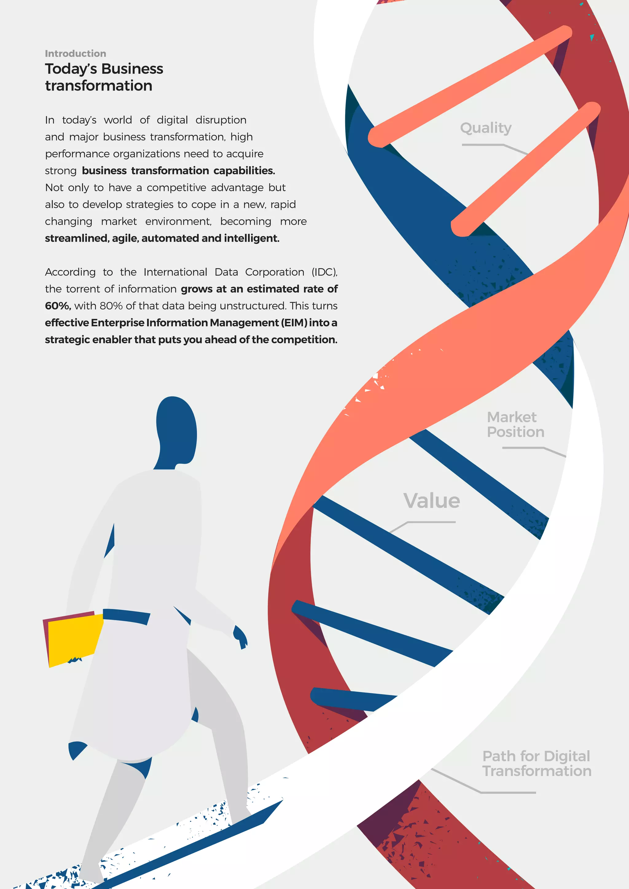 3
Get more from
SAP with OpenText
Path for Digital
Transformation
Quality
Value
In today’s world of digital disruption
and major business transformation, high
performance organizations need to acquire
strong business transformation capabilities.
Not only to have a competitive advantage but
also to develop strategies to cope in a new, rapid
changing market environment, becoming more
streamlined, agile, automated and intelligent.
According to the International Data Corporation (IDC),
the torrent of information grows at an estimated rate of
60%, with 80% of that data being unstructured. This turns
effective Enterprise Information Management (EIM) into a
strategic enabler that puts you ahead of the competition.
Introduction
Today’s Business
transformation
Market
Position
 
