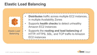 Elastic Load Balancing
• Distributes traffic across multiple EC2 instances,
in multiple Availability Zones
• Supports health checks to detect unhealthy
Amazon EC2 instances
• Supports the routing and load balancing of
HTTP, HTTPS, SSL, and TCP traffic to Amazon
EC2 instances
Elastic Load
Balancing
© 2017, Amazon Web Services, Inc. or its Affiliates. All rights reserved.
 