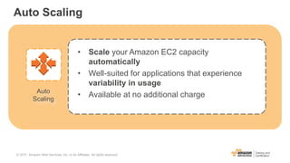 Auto Scaling
• Scale your Amazon EC2 capacity
automatically
• Well-suited for applications that experience
variability in usage
• Available at no additional chargeAuto
Scaling
© 2017, Amazon Web Services, Inc. or its Affiliates. All rights reserved.
 