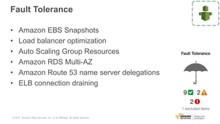 Fault Tolerance
• Amazon EBS Snapshots
• Load balancer optimization
• Auto Scaling Group Resources
• Amazon RDS Multi-AZ
• Amazon Route 53 name server delegations
• ELB connection draining
© 2017, Amazon Web Services, Inc. or its Affiliates. All rights reserved.
 