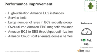 Performance Improvement
• High-utilization Amazon EC2 instances
• Service limits
• Large number of rules in EC2 security group
• Over-utilized Amazon EBS magnetic volumes
• Amazon EC2 to EBS throughput optimization
• Amazon CloudFront alternate domain names
© 2017, Amazon Web Services, Inc. or its Affiliates. All rights reserved.
 