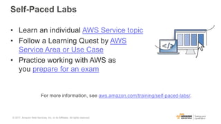 Self-Paced Labs
• Learn an individual AWS Service topic
• Follow a Learning Quest by AWS
Service Area or Use Case
• Practice working with AWS as
you prepare for an exam
For more information, see aws.amazon.com/training/self-paced-labs/.
© 2017, Amazon Web Services, Inc. or its Affiliates. All rights reserved.
 