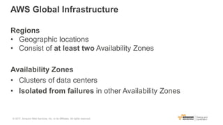 AWS Global Infrastructure
Regions
• Geographic locations
• Consist of at least two Availability Zones
Availability Zones
• Clusters of data centers
• Isolated from failures in other Availability Zones
© 2017, Amazon Web Services, Inc. or its Affiliates. All rights reserved.
 