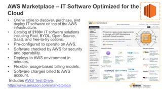 AWS Marketplace – IT Software Optimized for the
Cloud
• Online store to discover, purchase, and
deploy IT software on top of the AWS
infrastructure.
• Catalog of 2700+ IT software solutions
including Paid, BYOL, Open Source,
SaaS, and free-to-try options.
• Pre-configured to operate on AWS.
• Software checked by AWS for security
and operability.
• Deploys to AWS environment in
minutes.
• Flexible, usage-based billing models.
• Software charges billed to AWS
account.
Includes AWS Test Drive.
https://aws.amazon.com/marketplace
 