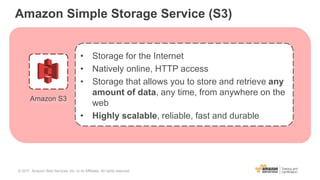 Amazon Simple Storage Service (S3)
• Storage for the Internet
• Natively online, HTTP access
• Storage that allows you to store and retrieve any
amount of data, any time, from anywhere on the
web
• Highly scalable, reliable, fast and durable
Amazon S3
© 2017, Amazon Web Services, Inc. or its Affiliates. All rights reserved.
 
