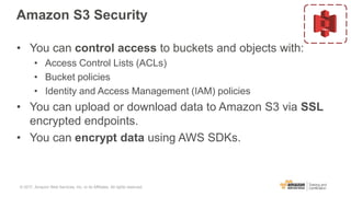 Amazon S3 Security
• You can control access to buckets and objects with:
• Access Control Lists (ACLs)
• Bucket policies
• Identity and Access Management (IAM) policies
• You can upload or download data to Amazon S3 via SSL
encrypted endpoints.
• You can encrypt data using AWS SDKs.
© 2017, Amazon Web Services, Inc. or its Affiliates. All rights reserved.
 
