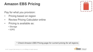 Amazon EBS Pricing
Pay for what you provision:
• Pricing based on region
• Review Pricing Calculator online
• Pricing is available as:
• Storage
• IOPS
* Check Amazon EBS Pricing page for current pricing for all regions.
© 2017, Amazon Web Services, Inc. or its Affiliates. All rights reserved.
 