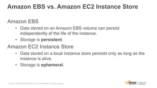 Amazon EBS vs. Amazon EC2 Instance Store
Amazon EBS
• Data stored on an Amazon EBS volume can persist
independently of the life of the instance.
• Storage is persistent.
Amazon EC2 Instance Store
• Data stored on a local instance store persists only as long as the
instance is alive.
• Storage is ephemeral.
© 2017, Amazon Web Services, Inc. or its Affiliates. All rights reserved.
 