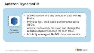 Amazon DynamoDB
• Allows you to store any amount of data with no
limits.
• Provides fast, predictable performance using
SSDs.
• Allows you to easily provision and change the
request capacity needed for each table.
• Is a fully managed, NoSQL database service.
Amazon
DynamoDB
© 2017, Amazon Web Services, Inc. or its Affiliates. All rights reserved.
 