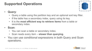 Supported Operations
• Query:
• Query a table using the partition key and an optional sort key filter.
• If the table has a secondary index, query using its key.
• It is the most efficient way to retrieve items from a table or
secondary index.
• Scan:
• You can scan a table or secondary index.
• Scan reads every item – slower than querying.
• You can use conditional expressions in both Query and Scan
operations.
© 2017, Amazon Web Services, Inc. or its Affiliates. All rights reserved.
 
