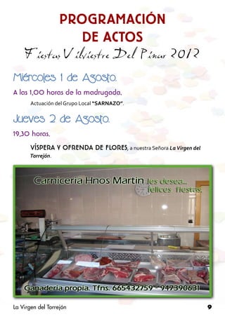 PROGRAMACIÓN
                      DE ACTOS
    Fiestas Vilviestre Del Pinar 2012
Miércoles 1 de Agosto.
A las 1,00 horas de la madrugada.
       Actuación del Grupo Local “SARNAZO”.


Jueves 2 de Agosto.
19,30 horas.
       VÍSPERA Y OFRENDA DE FLORES, a nuestra Señora La Virgen del 	
	     Torrejón.




La Virgen del Torrejón                                                 9
 