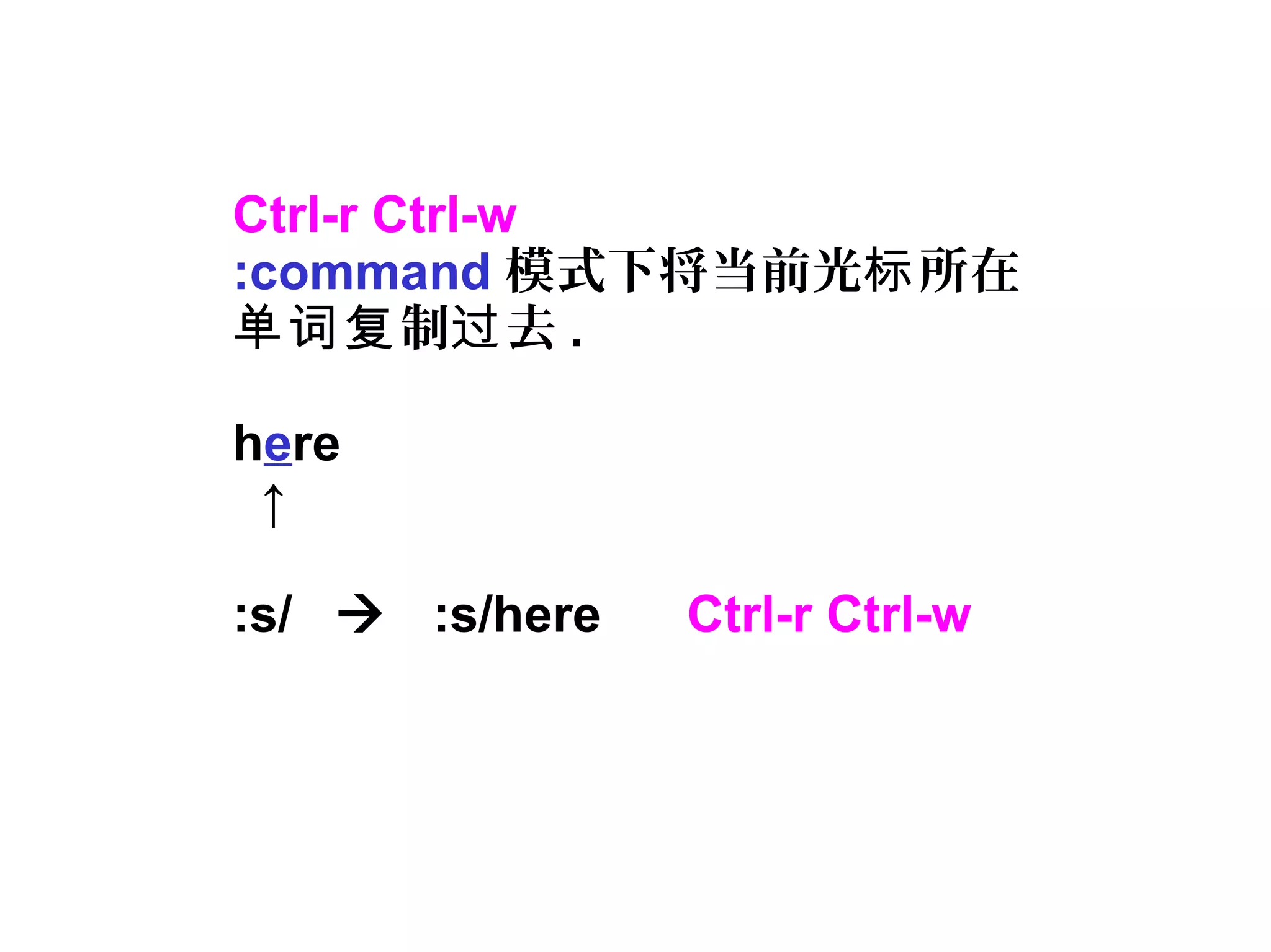 Ctrl-r Ctrl-w
:command 模式下将当前光 所在标
制 去单词复 过 .
here
↑
:s/  :s/here Ctrl-r Ctrl-w
 