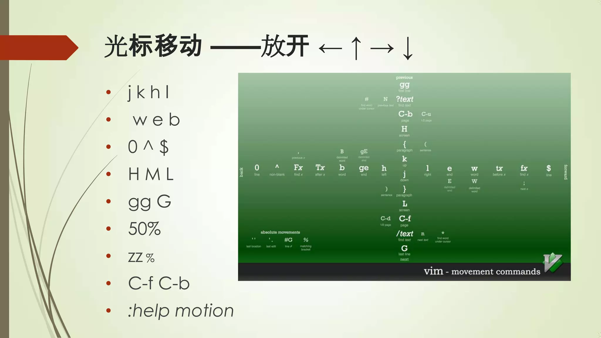 光标移动 ——放开 ← ↑ → ↓
• jkhl
•   web
• 0^$
• HML
• gg G
• 50%
• zz %
• C-f C-b
• :help motion
 
