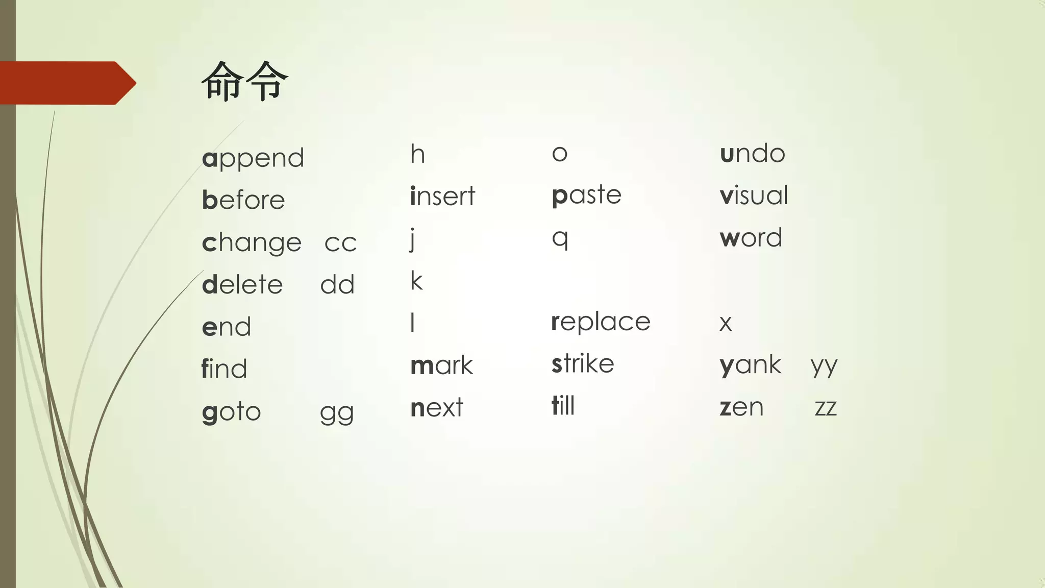 命令
append        h        o         undo
before        insert   paste     visual
change cc     j        q         word
delete   dd   k
end           l        replace   x
find          mark     strike    yank     yy
goto     gg   next     till      zen      zz
 