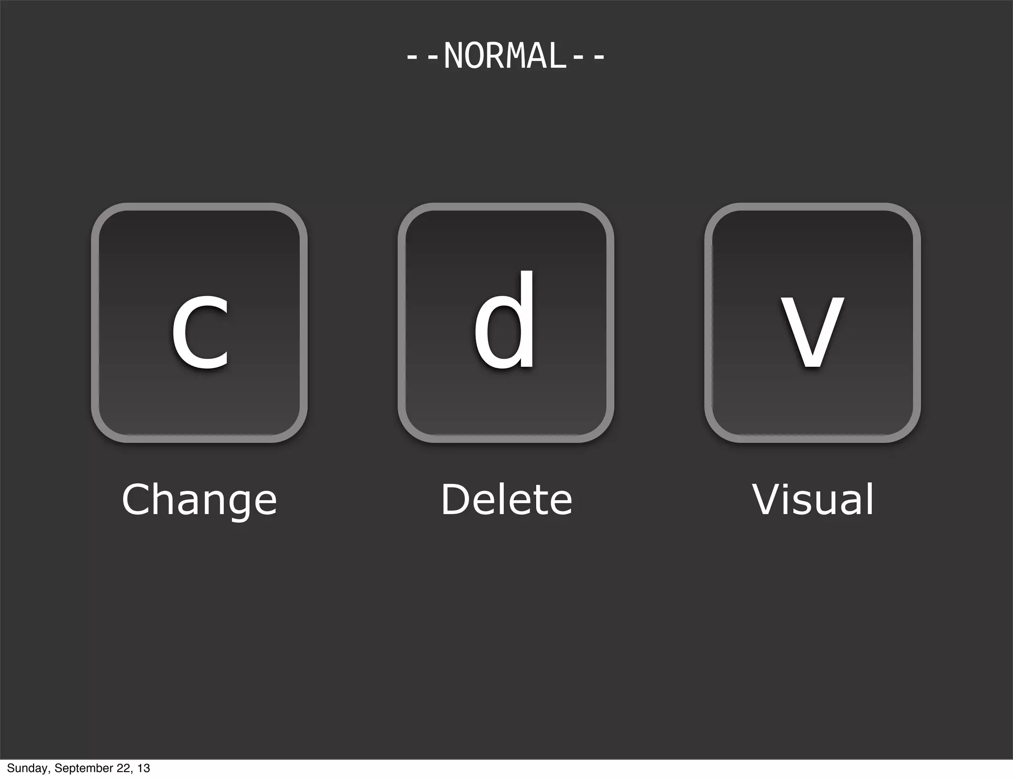 --NORMAL--
c d v
Change Delete Visual
Sunday, September 22, 13
 
