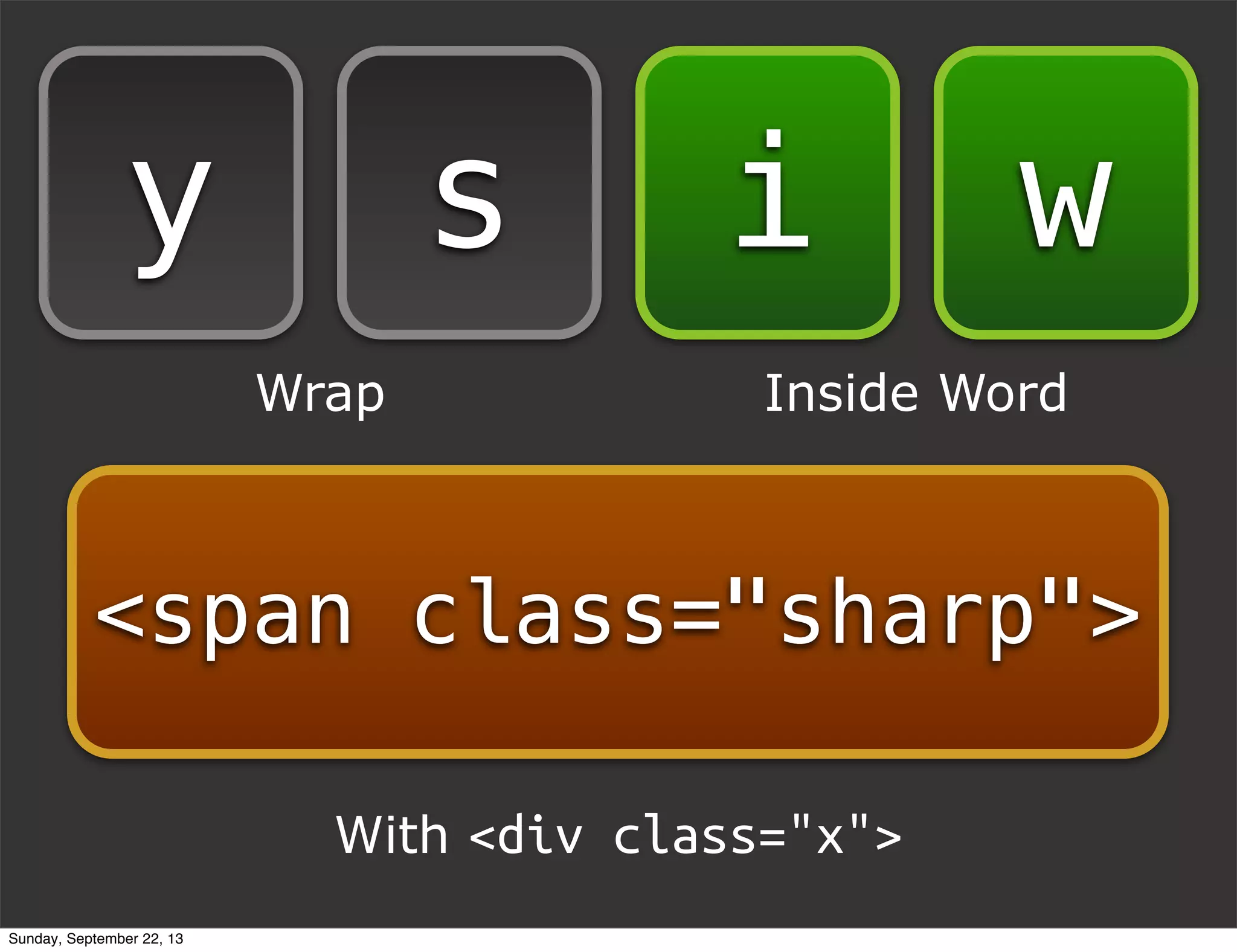 sy
Wrap Inside Word
wi
<span class="sharp">
With <div class="x">
Sunday, September 22, 13
 