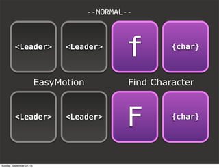 <Leader> <Leader>
f
<Leader> <Leader>
F
--NORMAL--
{char}
{char}
EasyMotion Find Character
Sunday, September 22, 13
 