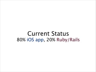 Current Status

80% iOS app, 20% Ruby/Rails

 