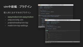 個人的におすすめのプラグイン
- easymotion/vim-easymotion
- ctrlpvim/ctrlp.vim
- prabirshrestha/vim-lsp
- mattn/vim-lsp-settings
vim中級編 : プラグイン
 
