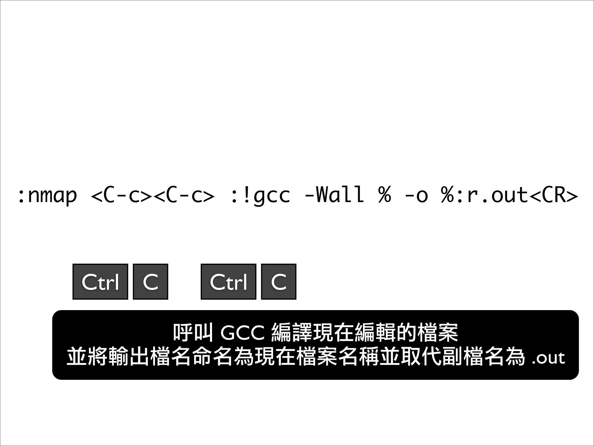 :nmap <C-c><C-c> :!gcc -Wall % -o %:r.out<CR>



     Ctrl C    Ctrl C

                GCC
                                         .out
 