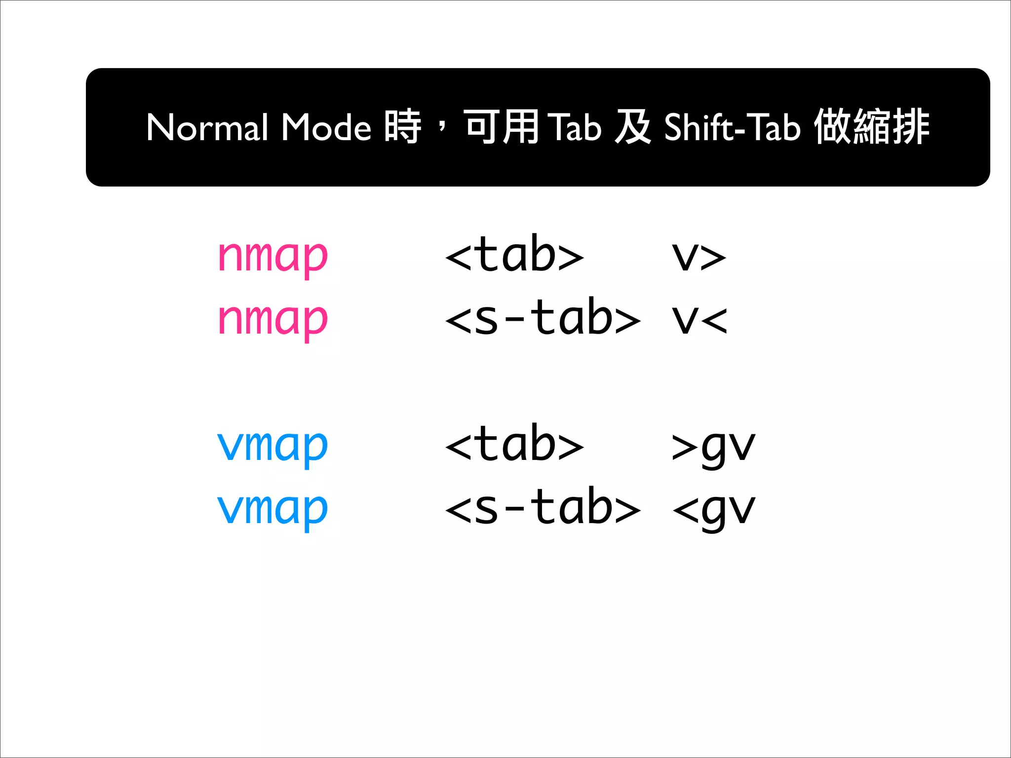 Normal Mode      Tab   Shift-Tab


   nmap       <tab>   v>
   nmap       <s-tab> v<

   vmap       <tab>   >gv
   vmap       <s-tab> <gv
 