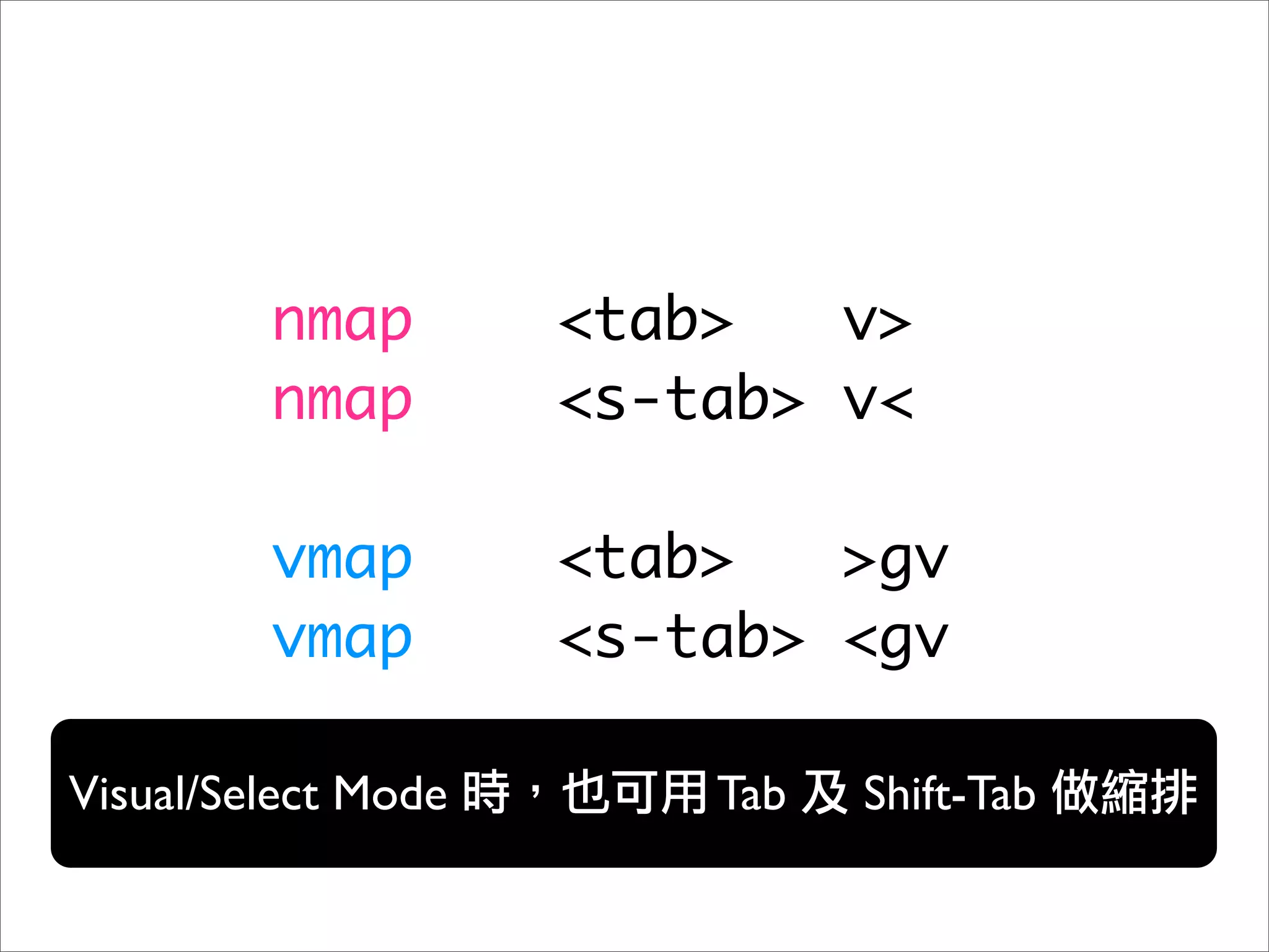 nmap        <tab>   v>
         nmap        <s-tab> v<

         vmap        <tab>   >gv
         vmap        <s-tab> <gv

Visual/Select Mode       Tab   Shift-Tab
 
