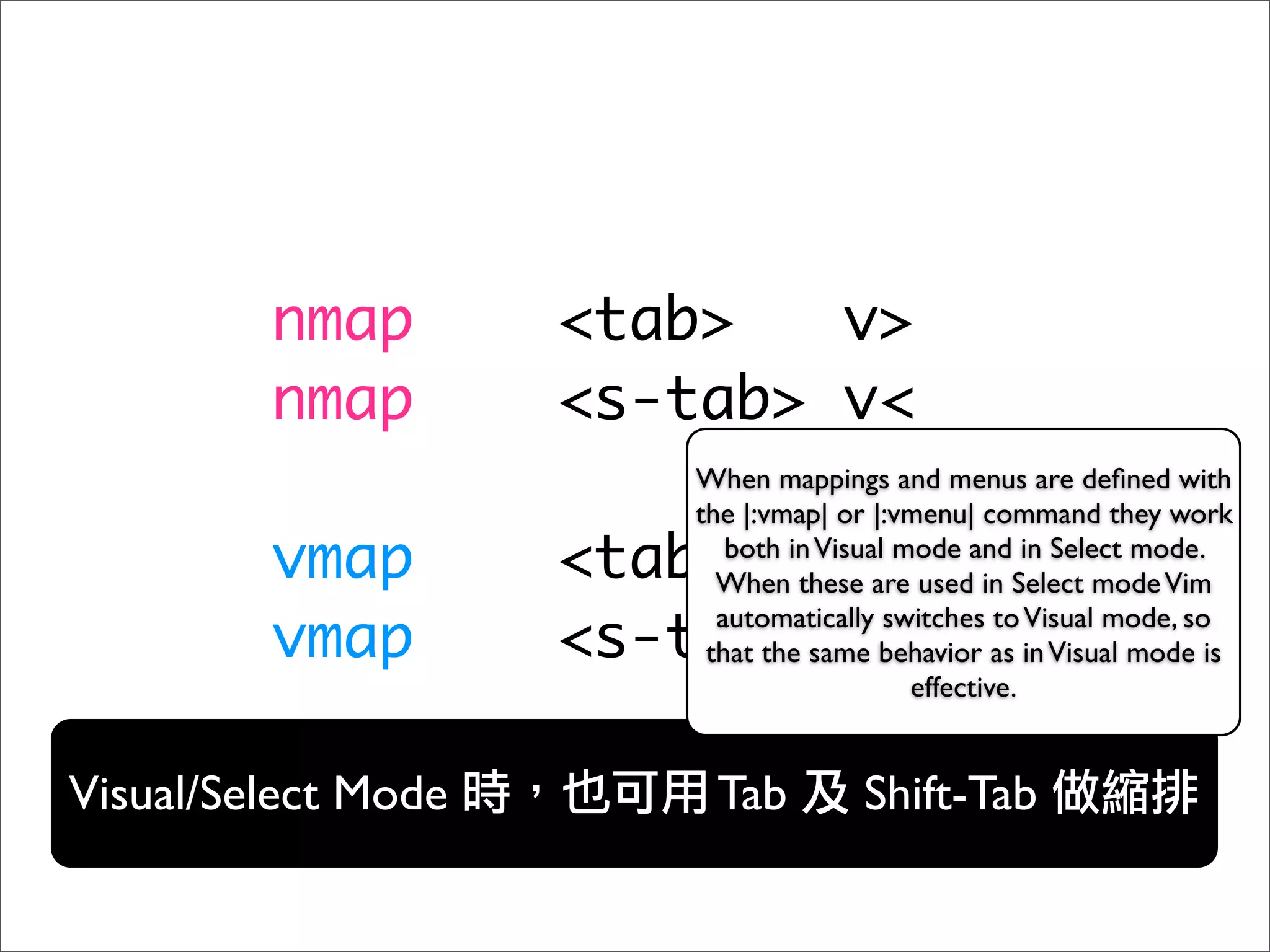 nmap        <tab>   v>
         nmap        <s-tab> v<
                        When mappings and menus are deﬁned with
                        the |:vmap| or |:vmenu| command they work
         vmap        <tab>   >gv
                           both in Visual mode and in Select mode.
                          When these are used in Select mode Vim

         vmap        <s-tab> <gv
                          automatically switches to Visual mode, so
                         that the same behavior as in Visual mode is
                                           effective.


Visual/Select Mode       Tab         Shift-Tab
 