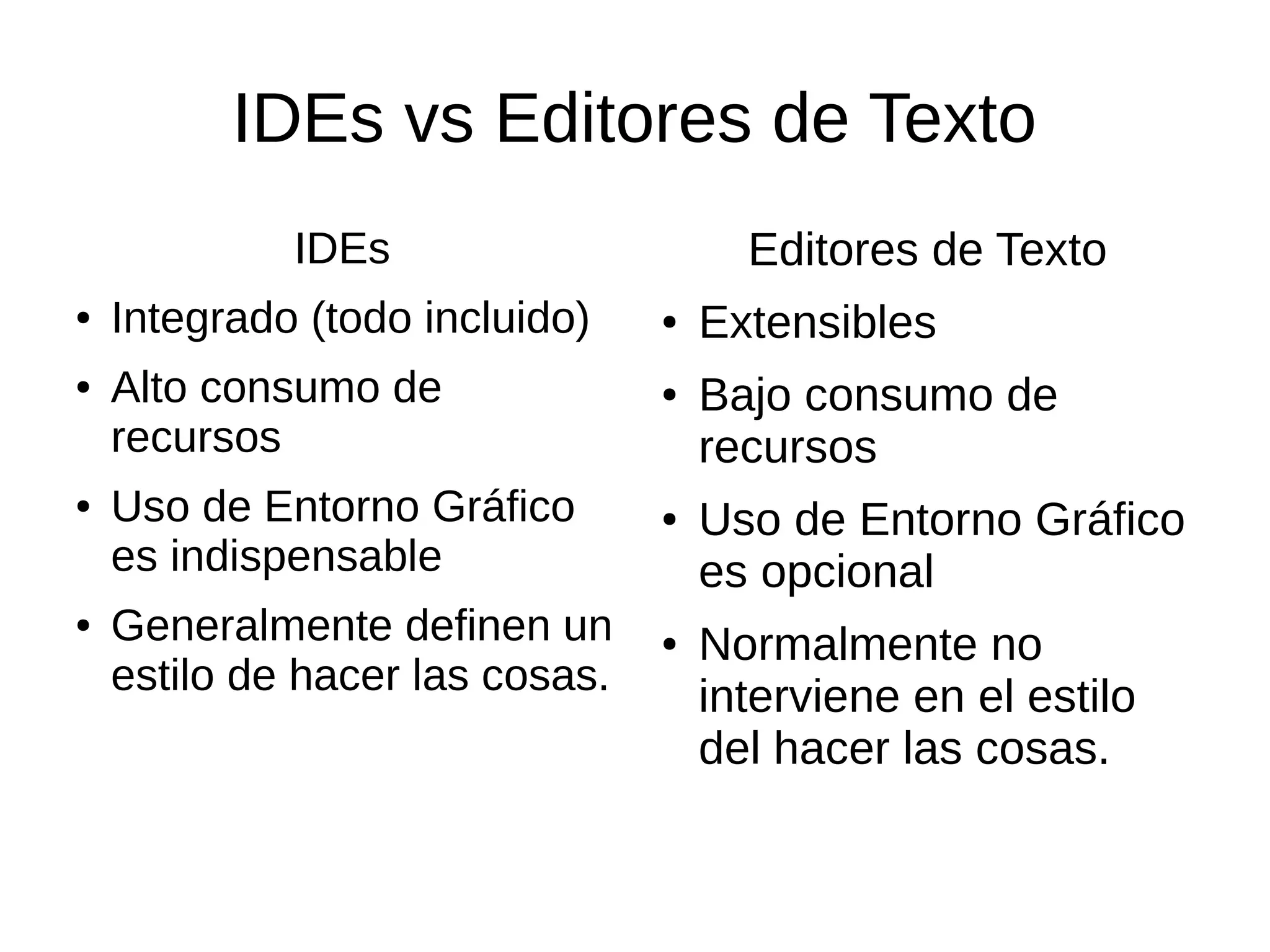 IDEs vs Editores de Texto IDEs ● Integrado (todo incluido) ● Alto consumo de recursos ● Uso de Entorno Gráfico es indispensable ● Generalmente definen un estilo de hacer las cosas. Editores de Texto ● Extensibles ● Bajo consumo de recursos ● Uso de Entorno Gráfico es opcional ● Normalmente no interviene en el estilo del hacer las cosas. 
