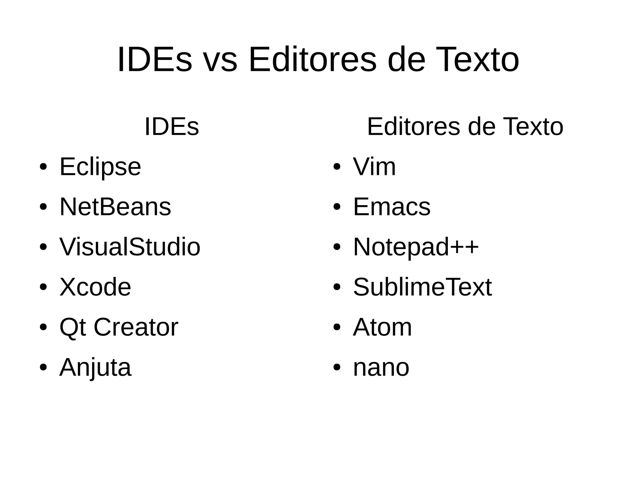 IDEs vs Editores de Texto IDEs ● Eclipse ● NetBeans ● VisualStudio ● Xcode ● Qt Creator ● Anjuta Editores de Texto ● Vim ● Emacs ● Notepad++ ● SublimeText ● Atom ● nano 