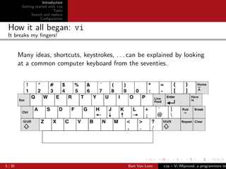 Introduction
          Getting started with vim
                             Tasks
                Search and replace
                     Conﬁguration

 How it all began: vi
 It breaks my ﬁngers!


         Many ideas, shortcuts, keystrokes, . . . can be explained by looking
         at a common computer keyboard from the seventies.




5 / 30                                           Bart Van Loon   vim – Vi IMproved, a programmers tex
 