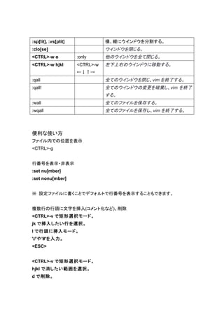 :sp[lit], :vs[plit]              横、縦にウインドウを分割する。
:clo[se]                         ウインドウを閉じる。
<CTRL>-w o            :only      他のウインドウを全て閉じる。
<CTRL>-w hjkl         <CTRL>-w   左下上右のウインドウに移動する。
                      ←↓↑→
:qall                            全てのウインドウを閉じ、vim を終了する。
:qall!                           全てのウインドウの変更を破棄し、vim を終了
                                 する。
:wall                            全てのファイルを保存する。
:wqall                           全てのファイルを保存し、vim を終了する。



便利な使い方
ファイル内での位置を表示
<CTRL>-g


行番号を表示・非表示
:set nu[mber]
:set nonu[mber]


※ 設定ファイルに書くことでデフォルトで行番号を表示することもできます。


複数行の行頭に文字を挿入(コメント化など)、削除
<CTRL>-v で矩形選択モード。
jk で挿入したい行を選択。
I で行頭に挿入モード。
'//'や'#'を入力。
<ESC>


<CTRL>-v で矩形選択モード。
hjkl で消したい範囲を選択。
d で削除。
 