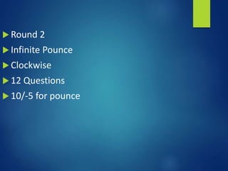  Round 2
 Infinite Pounce
 Clockwise
 12 Questions
 10/-5 for pounce
 