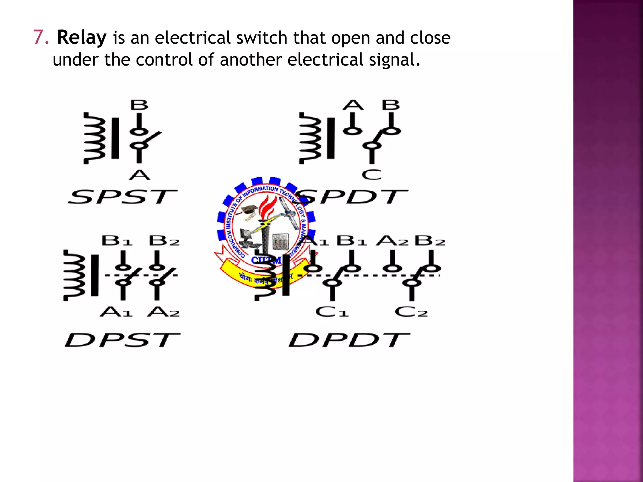 7. Relay is an electrical switch that open and close 
under the control of another electrical signal. 
 