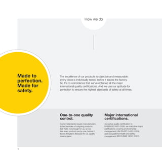 12
Made to
perfection.
Made for
safety.
One-to-one quality
control.
Current standards require manufacturers
to test samples of outgoing products.
But that’s not enough for us, so we
test every product one by one, before it
leaves the plant. Because for us, quality
means rigour.
Major international
certifications.
As well as quality certification to
UNI EN ISO 9001:2008, we hold other major
certifications covering environmental
management (UNI EN ISO 14001:2004)
and occupational health and safety
management (BS OHSAS 18001:2007).
The excellence of our products is objective and measurable:
every piece is individually tested before it leaves the factory.
So it’s no coincidence that we’ve obtained all the major
international quality certifications. And we use our aptitude for
perfection to ensure the highest standards of safety at all times.
How we do
 