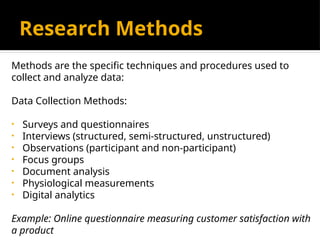 Research Methods
Methods are the specific techniques and procedures used to
collect and analyze data:
Data Collection Methods:
• Surveys and questionnaires
• Interviews (structured, semi-structured, unstructured)
• Observations (participant and non-participant)
• Focus groups
• Document analysis
• Physiological measurements
• Digital analytics
Example: Online questionnaire measuring customer satisfaction with
a product
 