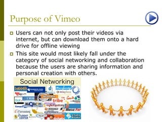 Purpose of Vimeo<br />Users can not only post their videos via internet, but can download them onto a hard drive for offli...