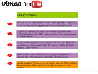 Vimeo vs Youtube 
1 
2 
3 
4 
YouTube está mas controlado que Vimeo por las grandes compañias, 
por lo que un contenido copyrighted es mas fácilmente detectado. 
El contenido o catálogo de videos de Vimeo es muy inferior al de 
YouTube. En Vimeo hay 15.000 videos subidos al día, mientras que en 
Youtube 2 millones. 
La calidad: Vimeo implementa HD primero. Pero YouTube diferencia el 
contenido si es visonado por móvil o TV (ahorro en tráfico de datos), 
cosa que Vimeo no tiene. 
Vimeo no aloja videos comerciales, videojuegos, pornografía o 
cualquier otro contenido que no sea creado por sus usuarios. 
5 La más importante, Vimeo es una red social y como tal, ofrece multitud 
de servicios para editar y compartir contenidos creados por sus 
usuarios. 
 