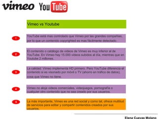Vimeo vs Youtube
1
4
3
2
YouTube está mas controlado que Vimeo por las grandes compañias,
por lo que un contenido copyrighted es mas fácilmente detectado.
El contenido o catálogo de videos de Vimeo es muy inferior al de
YouTube. En Vimeo hay 15.000 videos subidos al día, mientras que en
Youtube 2 millones.
La calidad: Vimeo implementa HD primero. Pero YouTube diferencia el
contenido si es visonado por móvil o TV (ahorro en tráfico de datos),
cosa que Vimeo no tiene.
Vimeo no aloja videos comerciales, videojuegos, pornografía o
cualquier otro contenido que no sea creado por sus usuarios.
Elena Cuevas Molano
5 La más importante, Vimeo es una red social y como tal, ofrece multitud
de servicios para editar y compartir contenidos creados por sus
usuarios.
 