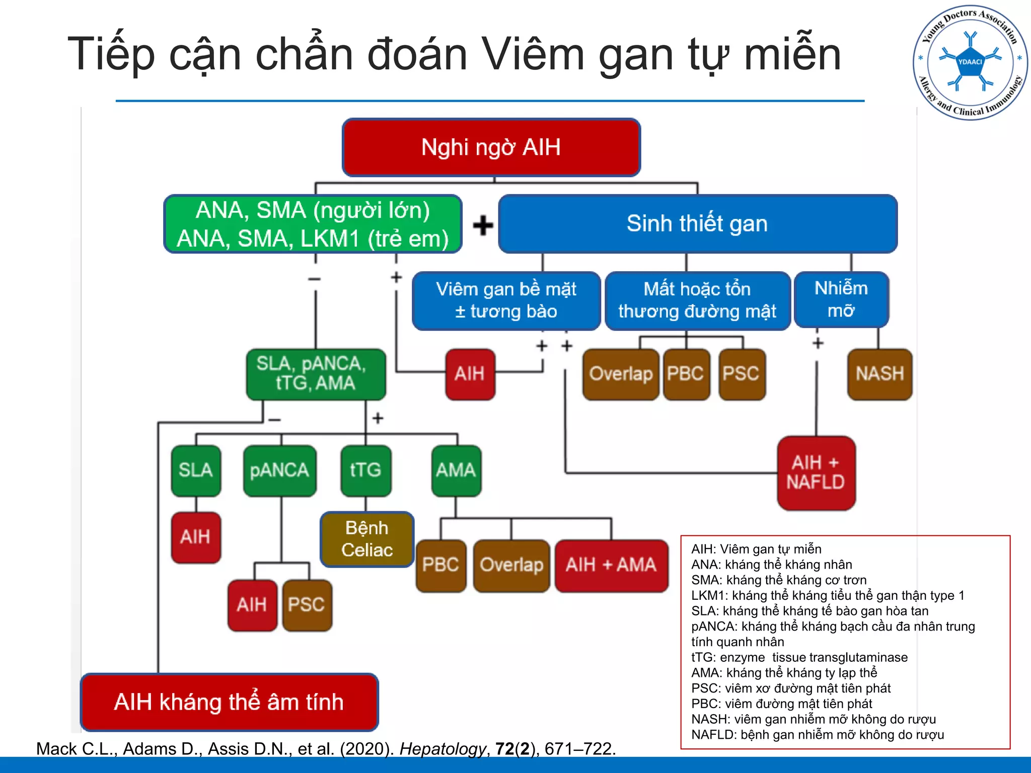 Tiếp cận chẩn đoán Viêm gan tự miễn
Mack C.L., Adams D., Assis D.N., et al. (2020). Hepatology, 72(2), 671–722.
AIH: Viêm gan tự miễn
ANA: kháng thể kháng nhân
SMA: kháng thể kháng cơ trơn
LKM1: kháng thể kháng tiểu thể gan thận type 1
SLA: kháng thể kháng tế bào gan hòa tan
pANCA: kháng thể kháng bạch cầu đa nhân trung
tính quanh nhân
tTG: enzyme tissue transglutaminase
AMA: kháng thể kháng ty lạp thể
PSC: viêm xơ đường mật tiên phát
PBC: viêm đường mật tiên phát
NASH: viêm gan nhiễm mỡ không do rượu
NAFLD: bệnh gan nhiễm mỡ không do rượu
 
