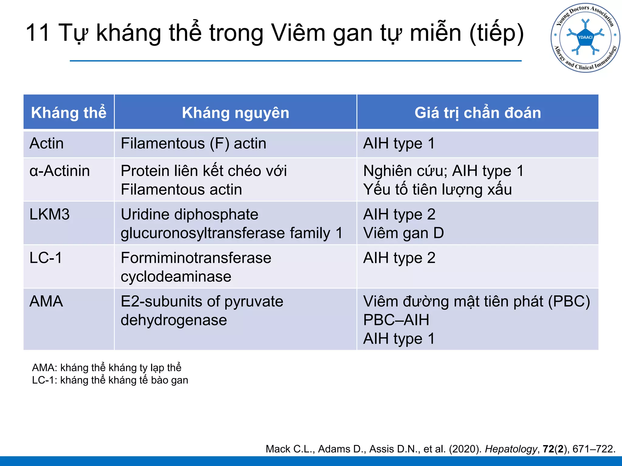 11 Tự kháng thể trong Viêm gan tự miễn (tiếp)
Mack C.L., Adams D., Assis D.N., et al. (2020). Hepatology, 72(2), 671–722.
Kháng thể Kháng nguyên Giá trị chẩn đoán
Actin Filamentous (F) actin AIH type 1
α-Actinin Protein liên kết chéo với
Filamentous actin
Nghiên cứu; AIH type 1
Yếu tố tiên lượng xấu
LKM3 Uridine diphosphate
glucuronosyltransferase family 1
AIH type 2
Viêm gan D
LC-1 Formiminotransferase
cyclodeaminase
AIH type 2
AMA E2-subunits of pyruvate
dehydrogenase
Viêm đường mật tiên phát (PBC)
PBC–AIH
AIH type 1
AMA: kháng thể kháng ty lạp thể
LC-1: kháng thể kháng tế bào gan
 