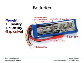 Future of Drones
Mohammad Tawfik
#WikiCourses
http://WikiCourses.WikiSpaces.com
Batteries
●Weight
●Durability
●Reliability
●Explosive!
 