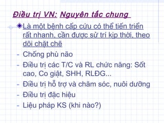 Điều trị VN: Nguyên tắc chung
Là một bệnh cấp cứu có thể tiến triển
rất nhanh, cần được sử trí kịp thời, theo
dõi chặt chẽ
- Chống phù não
- Điều trị các T/C và RL chức năng: Sốt
cao, Co giật, SHH, RLĐG...
- Điều trị hỗ trợ và chăm sóc, nuôi dưỡng
- Điều trị đặc hiệu
- Liệu pháp KS (khi nào?)
 