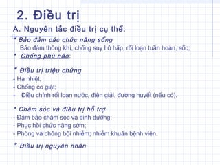 2. Điều trị
A. Nguyên tắc điều trị cụ thể:
* Bảo đảm các chức năng sống
Bảo đảm thông khí, chống suy hô hấp, rối loạn tuần hoàn, sốc;
* Chống phù não;
* Điều trị triệu chứng
- Hạ nhiệt;
- Chống co giật;
- Điều chỉnh rối loạn nước, điện giải, đường huyết (nếu có).
* Chăm sóc và điều trị hỗ trợ
- Đảm bảo chăm sóc và dinh dưỡng;
- Phục hồi chức năng sớm;
- Phòng và chống bội nhiễm; nhiễm khuẩn bệnh viện.
* Điều trị nguyên nhân
 