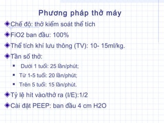 Phương pháp thở máy
Chế độ: thở kiểm soát thể tích
FiO2 ban đầu: 100%
Thể tích khí lưu thông (TV): 10- 15ml/kg.
Tần số thở:
 Dưới 1 tuổi: 25 lần/phút;
 Từ 1-5 tuổi: 20 lần/phút;
 Trên 5 tuổi: 15 lần/phút.
Tỷ lệ hít vào/thở ra (I/E):1/2
Cài đặt PEEP: ban đầu 4 cm H2O
 