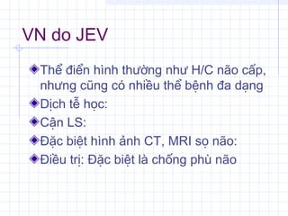 VN do JEV
Thể điển hình thường như H/C não cấp,
nhưng cũng có nhiều thể bệnh đa dạng
Dịch tễ học:
Cận LS:
Đặc biệt hình ảnh CT, MRI sọ não:
Điều trị: Đặc biệt là chống phù não
 