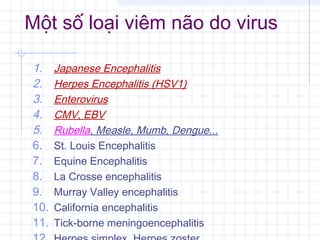 Một số loại viêm não do virus
1. Japanese Encephalitis
2. Herpes Encephalitis (HSV1)
3. Enterovirus
4. CMV, EBV
5. Rubella, Measle, Mumb, Dengue...
6. St. Louis Encephalitis
7. Equine Encephalitis
8. La Crosse encephalitis
9. Murray Valley encephalitis
10. California encephalitis
11. Tick-borne meningoencephalitis
 