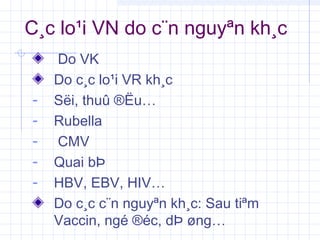 C¸c lo¹i VN do c¨n nguyªn kh¸c
Do VK
Do c¸c lo¹i VR kh¸c
- Sëi, thuû ®Ëu…
- Rubella
- CMV
- Quai bÞ
- HBV, EBV, HIV…
Do c¸c c¨n nguyªn kh¸c: Sau tiªm
Vaccin, ngé ®éc, dÞ øng…
 